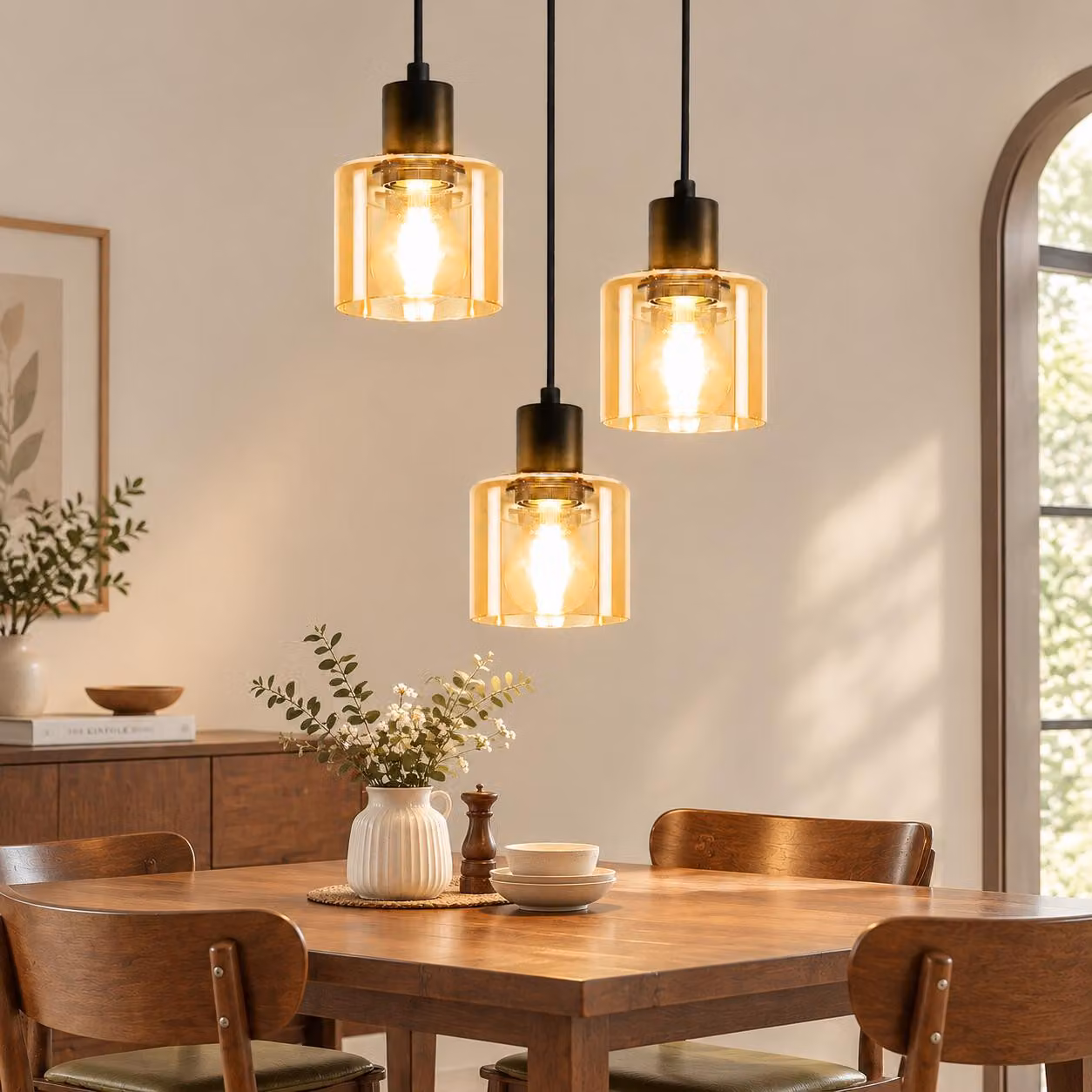 Lampada a sospensione ZMH, vetro, 3 luci, rotonda, attacco E27, stile retrò, nera. Lampada a sospensione per sala da pranzo, stile industriale, ideale per tavoli da pranzo