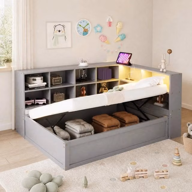 Divano letto REDOM in legno e tessuto grigio con porta USB, illuminazione LED e vani contenitori, L/P/H: 200 x 90 x 114,5 cm – 1