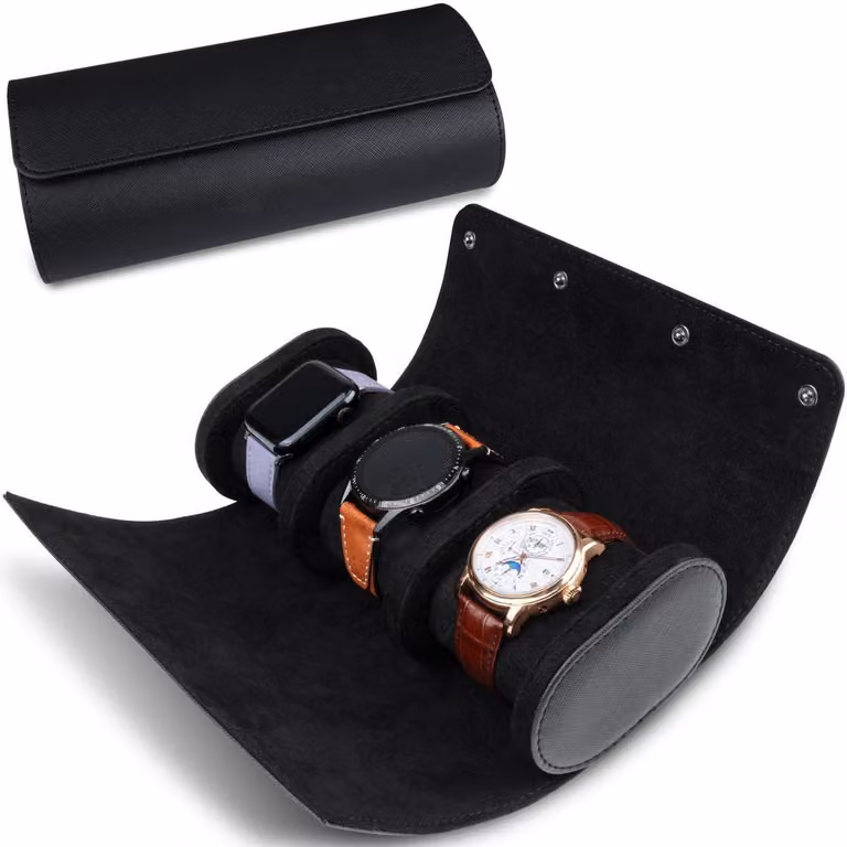 Custodia cilindrica per orologi, nera, con spazio per 3 orologi, dotata di 3 scomparti