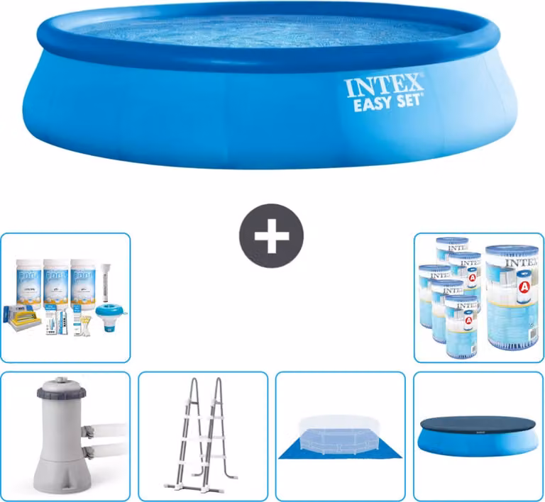 Piscina gonfiabile rotonda Easy Set di Intex - 457 x 107 cm - blu - inclusa pompa - scaletta - telo di fondo - confezione di manutenzione del telo - filtro