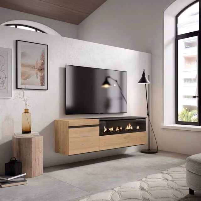 Mobile TV Soggiorno, 150x35x45cm, Per TV fino a 65", Camino elettrico, da appendere, colore Rovere e nero RF2438