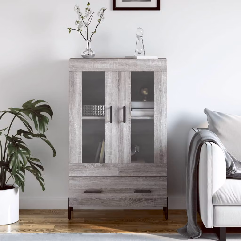 Credenza moderna vidaXL in legno multistrato e vetro, Grigio, L: 69,5 cm, P: 31 cm, H: 115 cm