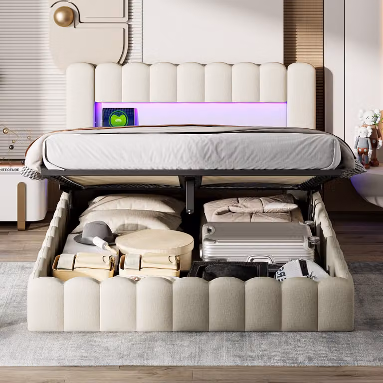 UnboxG Letto imbottito 140x200cm con USB, letto per ragazzi, letto matrimoniale con rete a doghe e contenitore, letto contenitore con LED, lino, beige