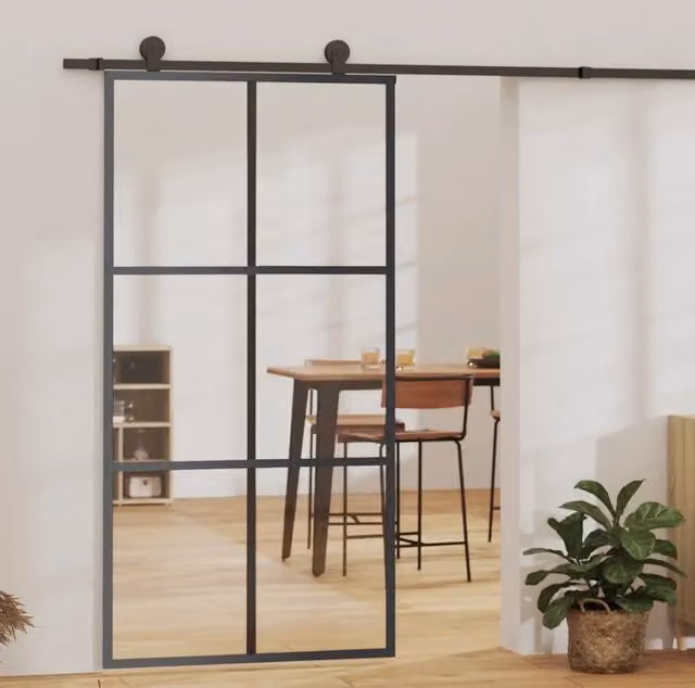 Porta Scorrevole con Kit di Montaggio in Alluminio e Vetro ESG Trasparente Nero vidaXL L: 102 cm, H: 205 cm – 1