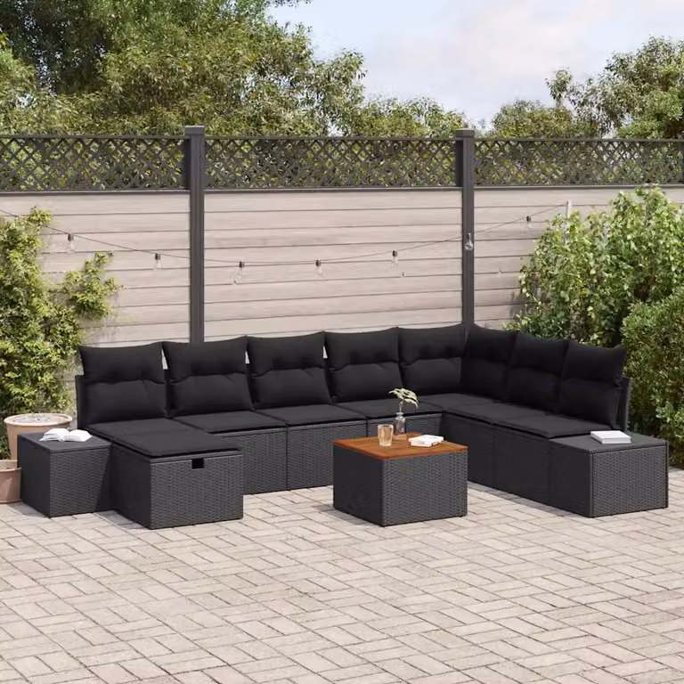 Set Divano da Giardino vidaXL 9 Pezzi in Polyrattan Nero con Cuscini e Tavolino da Caffè per Esterno