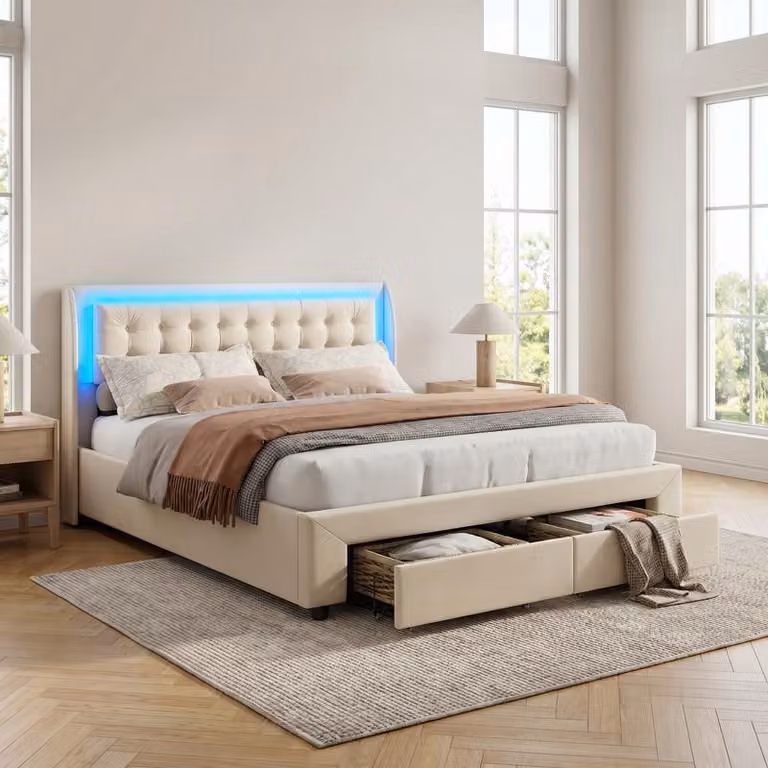 Letto imbottito ProximaX con LED RGB 140x190 cm, letto idraulico con vano contenitore, 2 cassetti, rivestimento in velluto beige, testiera con bottoni, base letto con rete a doghe