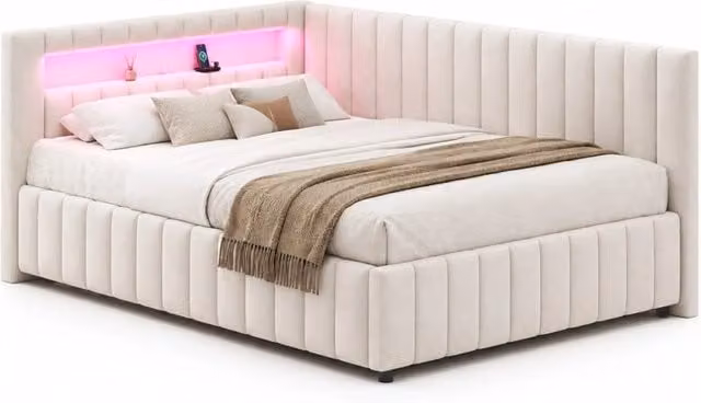 Divano letto angolare 140x200 cm con LED e porta USB in velluto beige