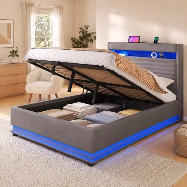Letto contenitore Mivray con apertura idraulica, testiera imbottita in lino grigio, illuminazione LED e porte USB e Type-C, L/P/H: 140 x 200 x 113 cm – 1