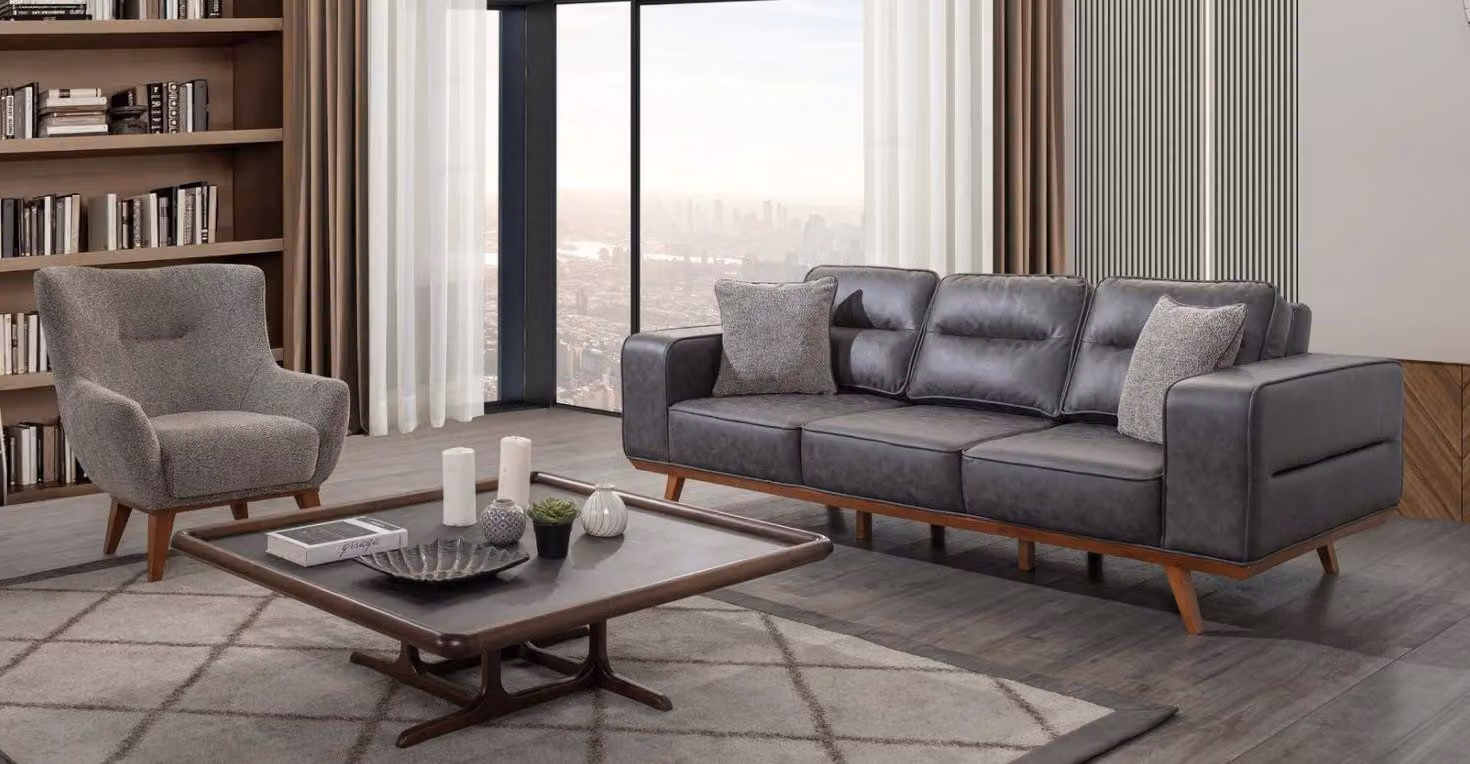 Graue Wohnzimmer Sofagarnitur Dreisitzer Sessel Luxus Polster Sitzer