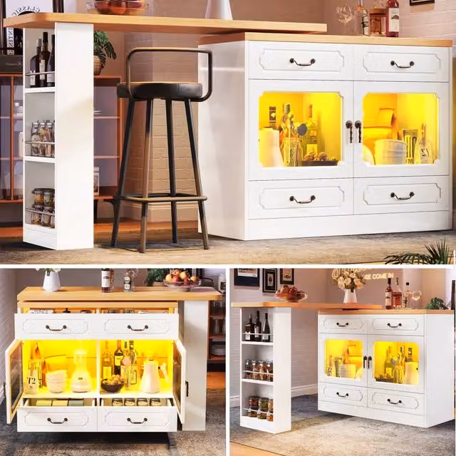 Tavolo Bar Allungabile con LED e Vano Portaoggetti, 135-203x39x92,8 cm, Girevole a 360°, Bianco, per Cucina, Soggiorno, Camera da Letto