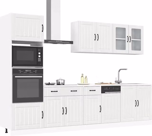 Set di mobili da cucina vidaXL in stile classico bianco lucido con ante in vetro e cassetti, composto da 7 pezzi