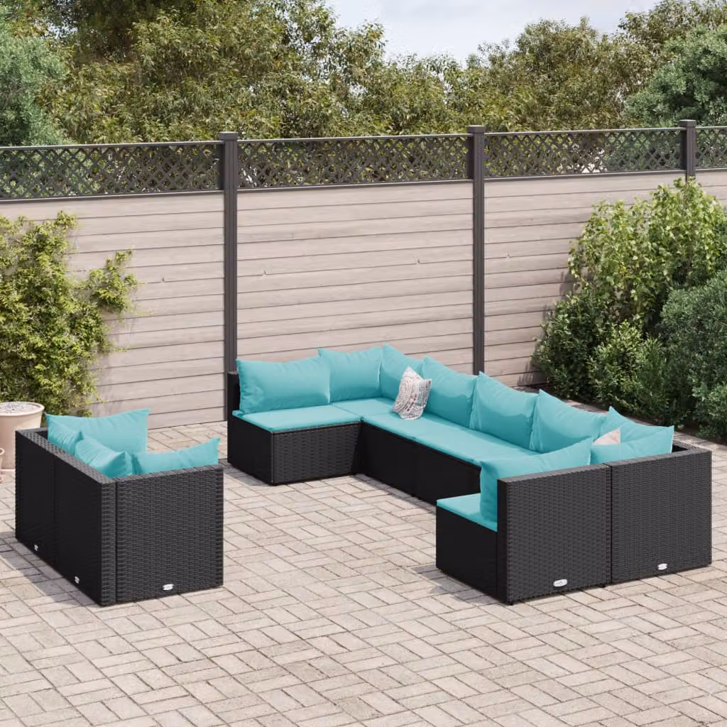 vidaXL Set Divani da Giardino 9 pz Moderno in Polyrattan Nero con Cuscini Blu e Resistenti ai Raggi UV – 1