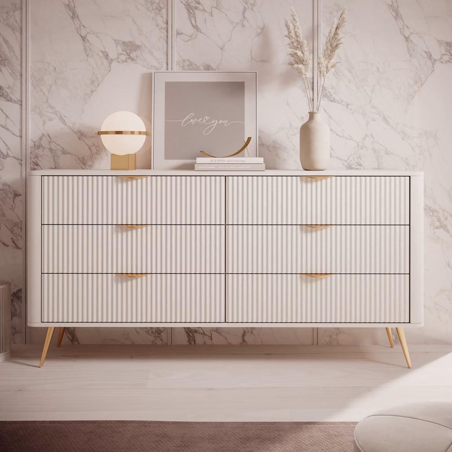 AX LIVING Cassettiera beige con cassetti Vespasia 163 6S - larghezza 163,2 cm
