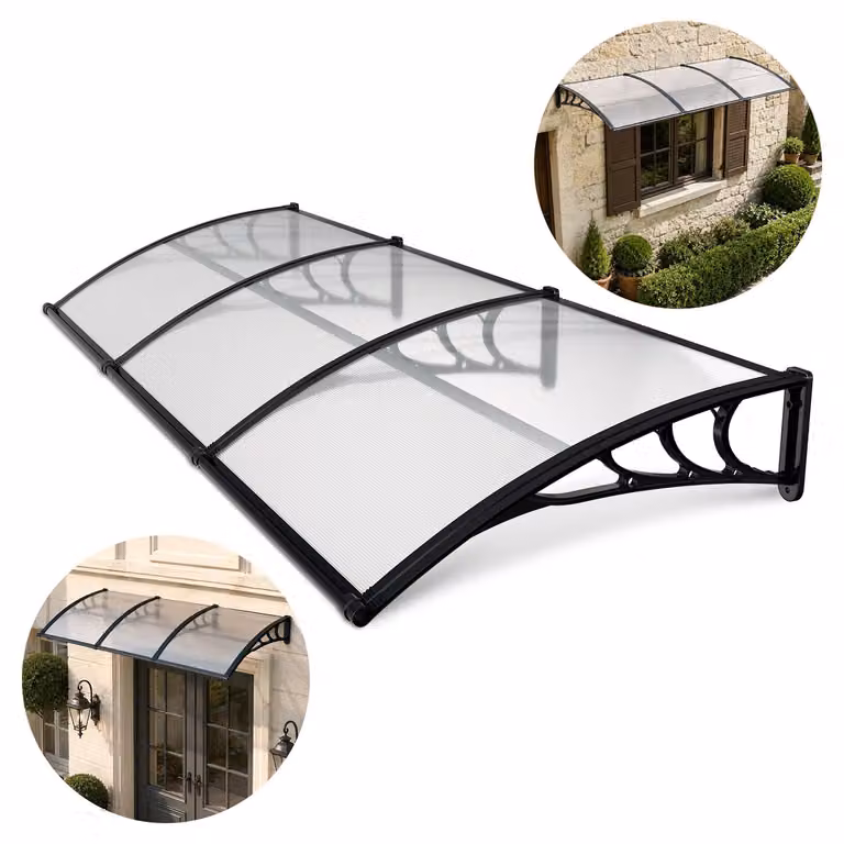 Tettoia per porta d'ingresso Ikodm con grondaia, 300 x 100 cm, realizzata in policarbonato, colore nero/trasparente, adatta per porte e finestre