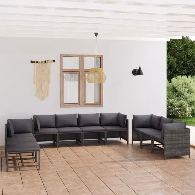 Set Divani da Giardino 10 pz con Cuscini in Polyrattan Grigio 3059774