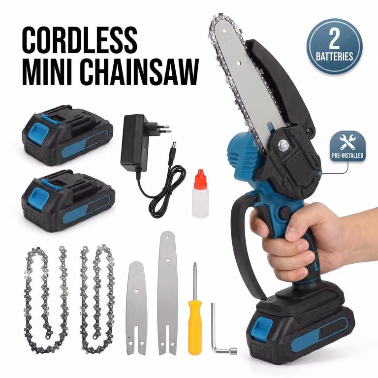 Troncatrice a batteria da 15 cm, mini motosega portatile da 21V con 2 batterie e 2 catene, potante senza fili con lubrificazione automatica, caricabatterie, olio e guida