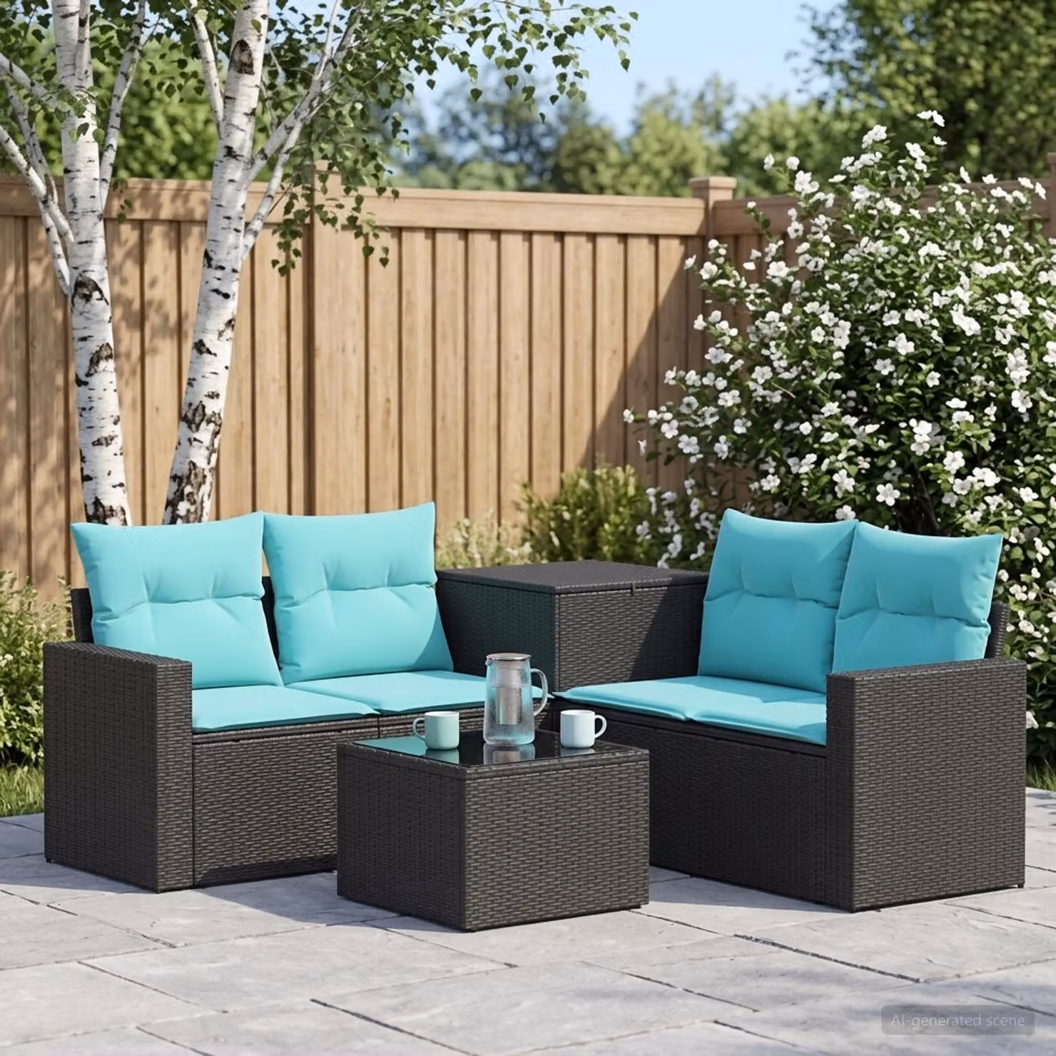 Set di divani da giardino vidaXL a forma di L composto da 6 pezzi con tavolino da caffè, in rattan sintetico e metallo, colore nero e blu