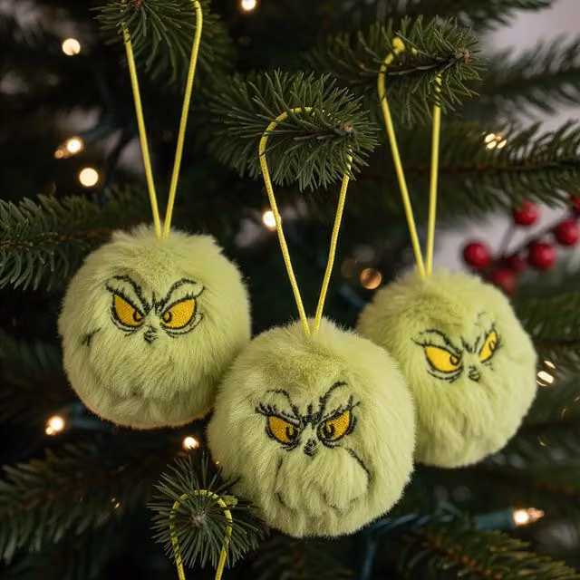 Pallina natalizia decorativa con pompon a tema Grinch di Virca, colore verde