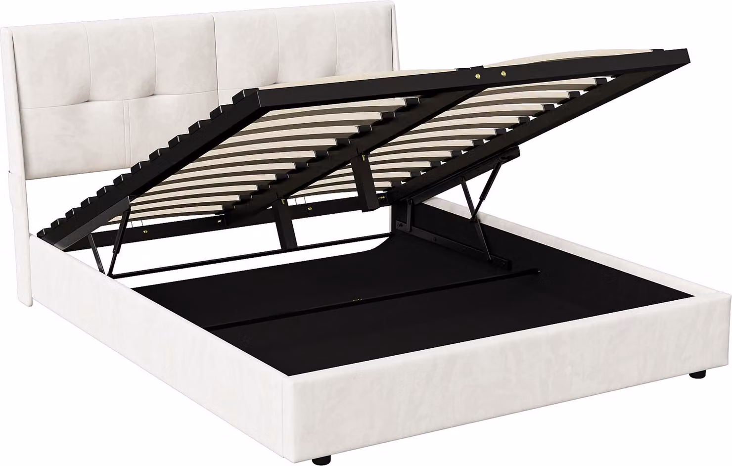 Letto Moonbite con contenitore, dimensioni 160x200 cm, rivestito in velluto beige, con illuminazione LED e tasche laterali, contenitore integrato nella testiera, sistema di sollevamento idraulico, design moderno, ideale per coppie