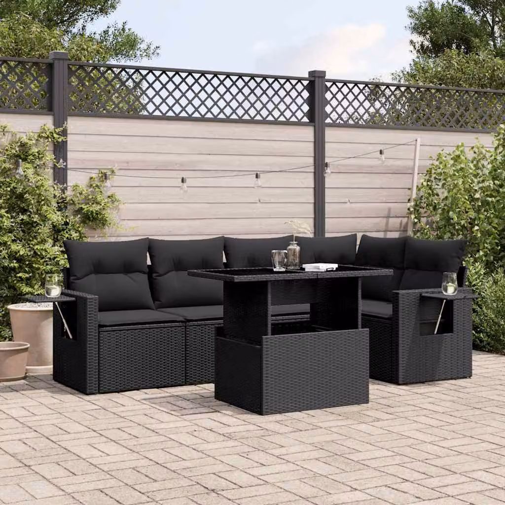 Set Divano da Giardino a L vidaXL 6 pz con Cuscini Nero in Polyrattan e Struttura in Acciaio – 1