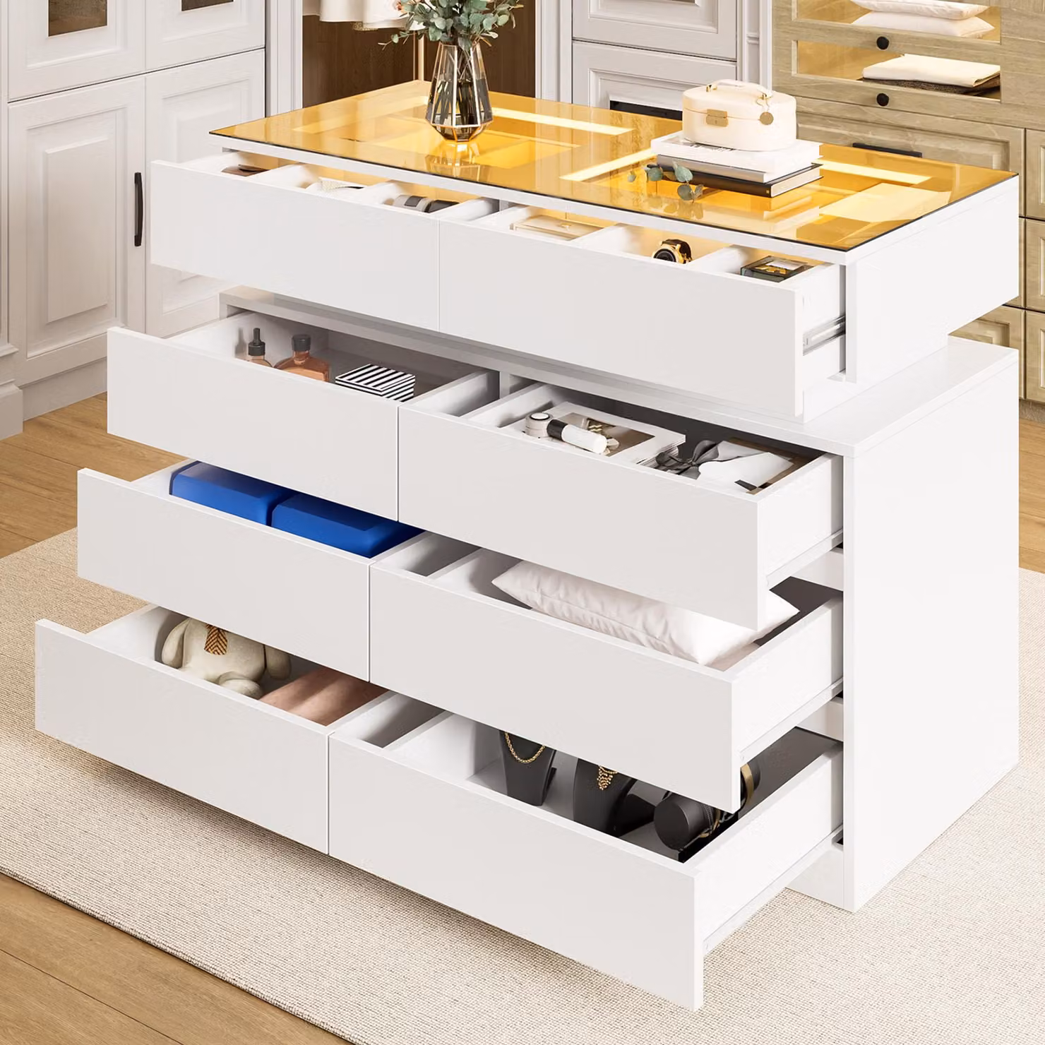 Credenza Merax, comò con vetro e illuminazione a LED, 8 cassetti, toletta o isola per spogliatoio, credenza da sala da pranzo, bianco