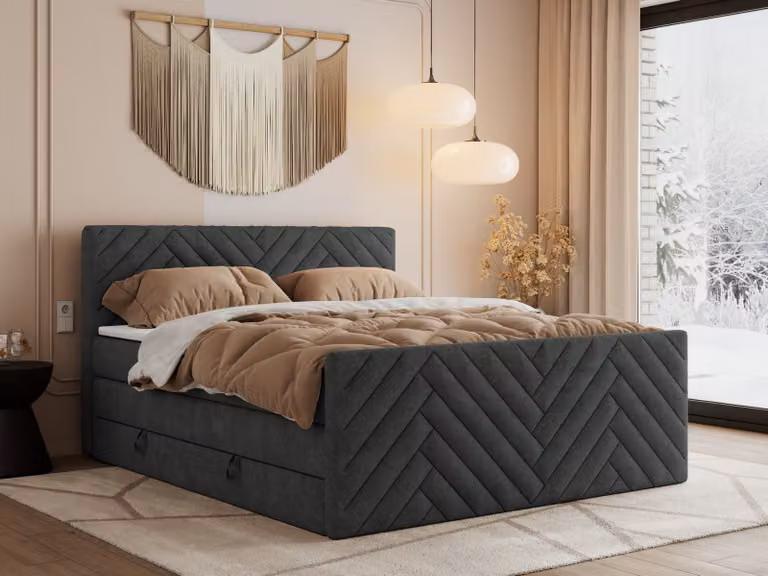 Letto boxspring MKS MEBLE 160x200 con contenitore e materasso H4 - Paris King Duo - Grigio scuro testurizzato