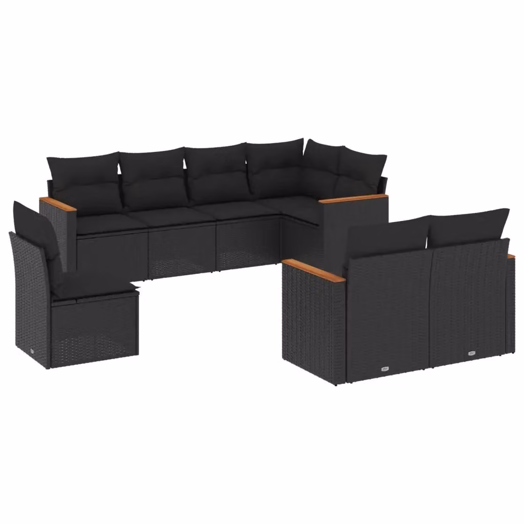 vidaXL Set di Divani da Giardino a L in Polyrattan e Legno di Acacia con Cuscini, 8 Pezzi, Nero – 2