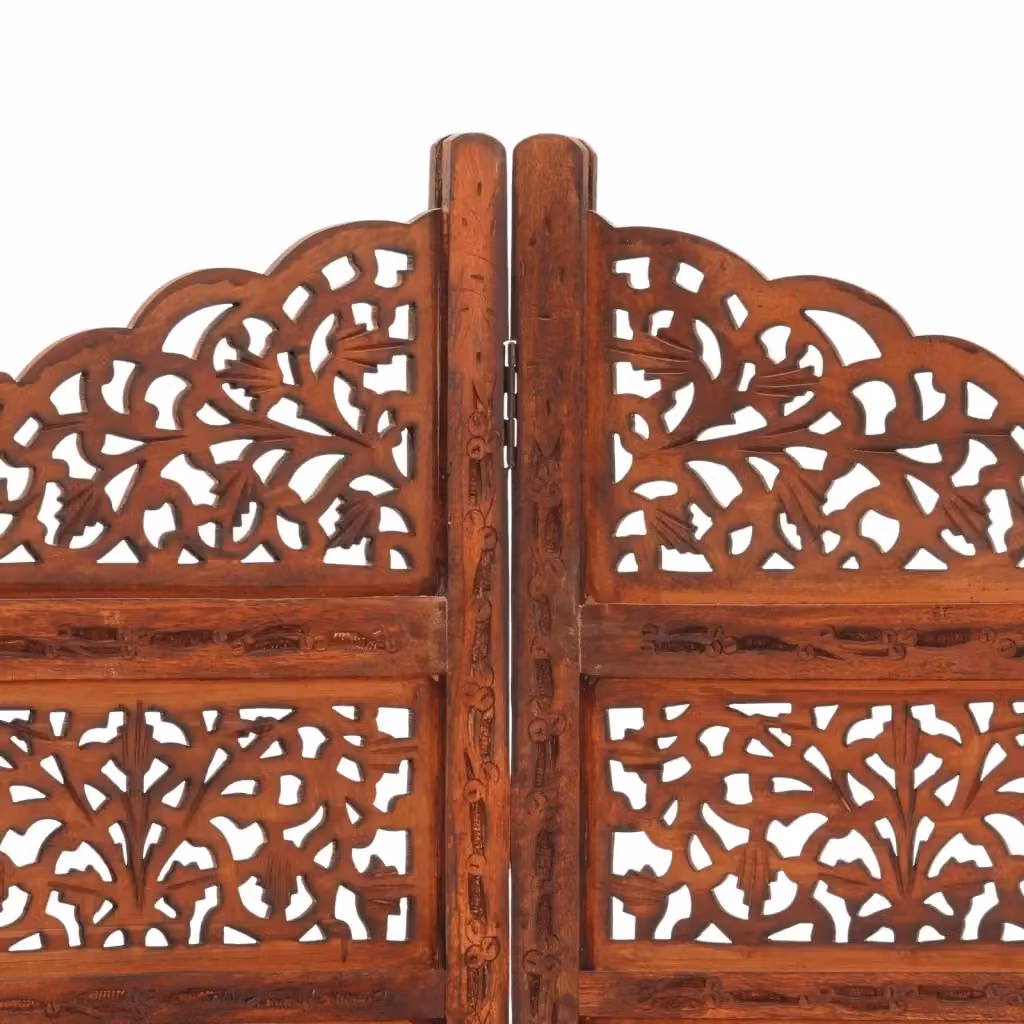 Divisorio a 4 Pannelli con Intaglio in Legno di Mango Massello Marrone vidaXL L: 160 cm, H: 165 cm – 2