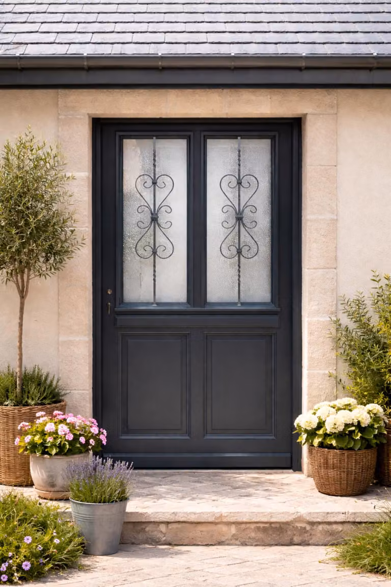 Porta d'ingresso in legno con vetro Sobra, H.215xL.90 cm, lato pannello P. dritto, maniglia, cilindro Gd Menuserie