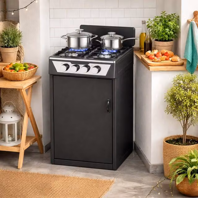 Cucina a Gas da Esterno Bakaji con 4 Fuochi, Portabombola e Paravento, Colore Nero, L: 80 cm, P: 48,5 cm, H: 45,5 cm