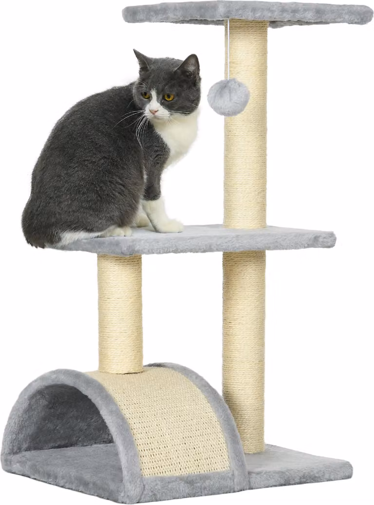 Tiragraffi PawHut 72 cm torre per gatti con cuscinetti di peluche, paletti in sisal, piattaforma, tiragraffi tiragraffi multipiano per gatti, albero per arrampicarsi, per gatti di taglia media, grigio chiaro