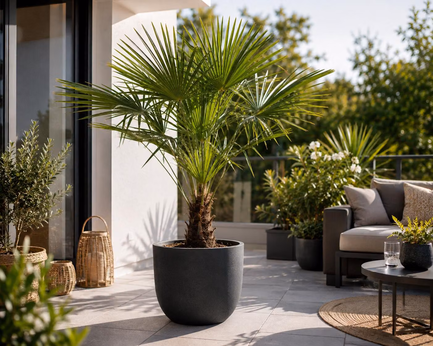 Palme di canapa cinese, altezza 160–180 cm, *Trachycarpus fortunei*. Palma resistente al freddo, ideale per giardino, terrazzo e vasi