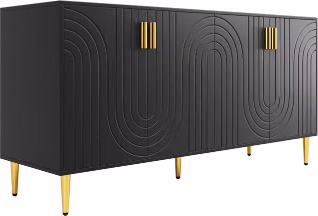 Sideboard nero in MDF 152x40x75 cm con design a onde e maniglie dorate per zona pranzo elegante