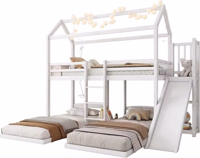 Letto a castello per bambini con scivolo, scala e vano contenitore, colore bianco, L/P/H: 200 x 90 x 160 cm