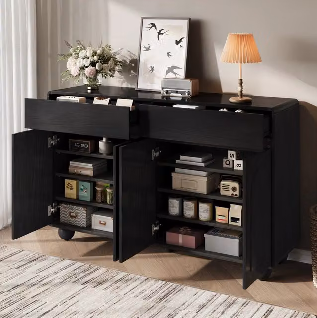 Credenza ULEVR 140x38x89 cm nera con 2 cassetti, 4 ante e ripiani regolabili