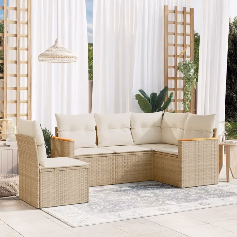 vidaXL Set Divano da Giardino a L 5 pz in Polyrattan Beige con Cuscini Imbottiti e Coperture Rimovibili