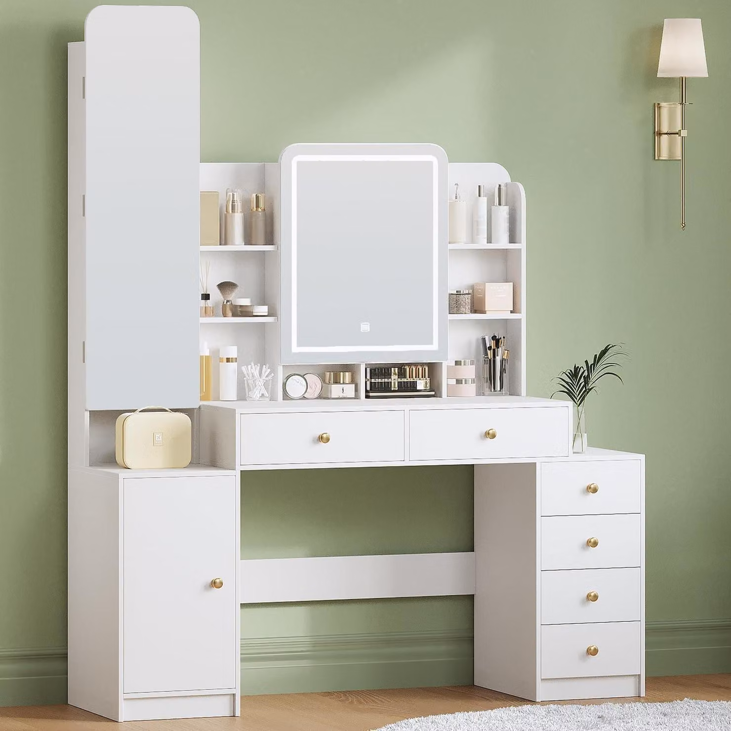 Comò da trucco con illuminazione, specchio e vano per gioielli, 8 scomparti aperti, 6 cassetti, colore bianco
