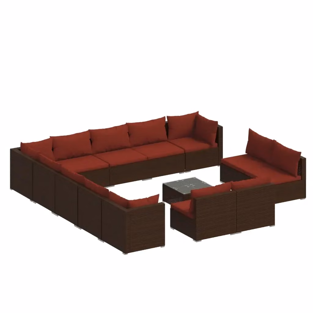 Set di Divani da Giardino vidaXL a Forma di U in Polyrattan Marrone e Rosso con Cuscini e Tavolino da Caffè – 2