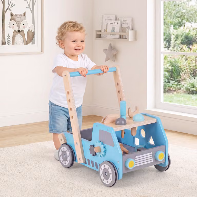 Girello in legno Costway con centro attività e spazio di stoccaggio, carrello primi passi per bambini, Blu
