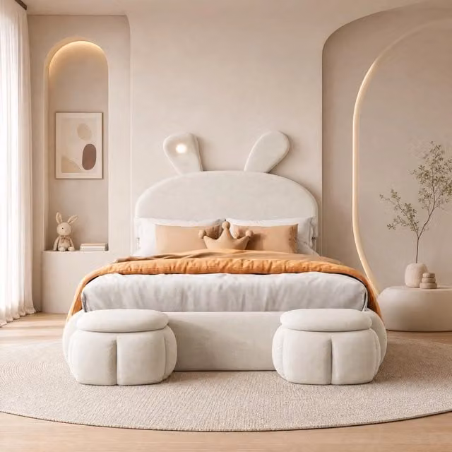 Letto matrimoniale imbottito 140x200 cm con orecchie a coniglio, luce LED regolabile, velluto beige, 2 sgabelli contenitori e spazio sotto letto con sollevamento idraulico