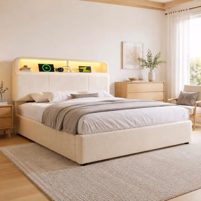 Letto matrimoniale 140x200 cm con contenitore; testiera regolabile in altezza; LED e ricarica USB/Type-C; velluto beige