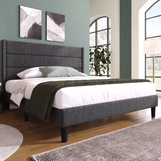 Letto matrimoniale imbottito 140x200 cm con rete a doghe e materasso 7 zone; lino grigio