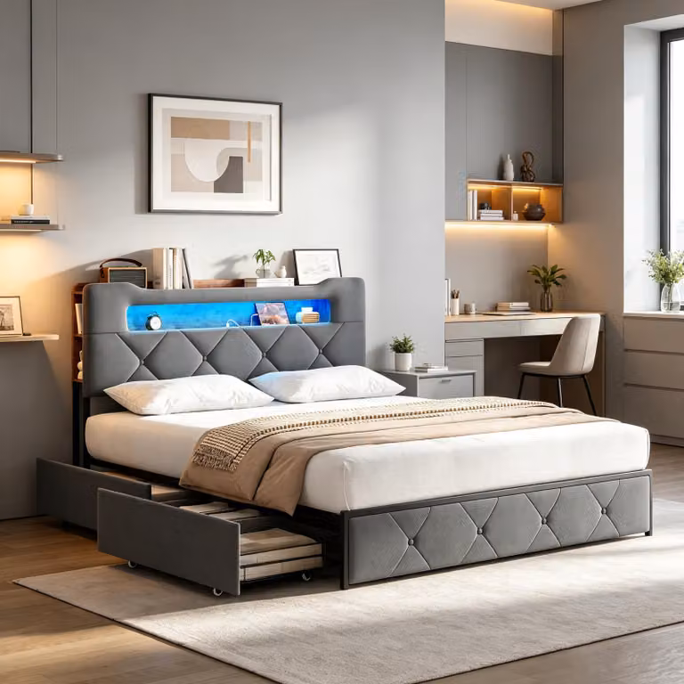 Letto imbottito INONEFT 160x200 cm con USB, 4 cassetti e LED, testiera e ripiano, letto a due piazze/letto per ragazzi con rete a doghe, in velluto, colore grigio