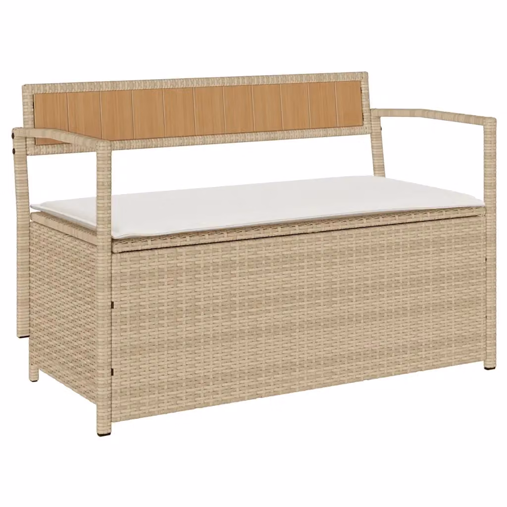 Panca portaoggetti da giardino vidaXL in polyrattan con cuscini beige e bianchi L: 111,5 cm, P: 54,0 cm, H: 74,0 cm – 2