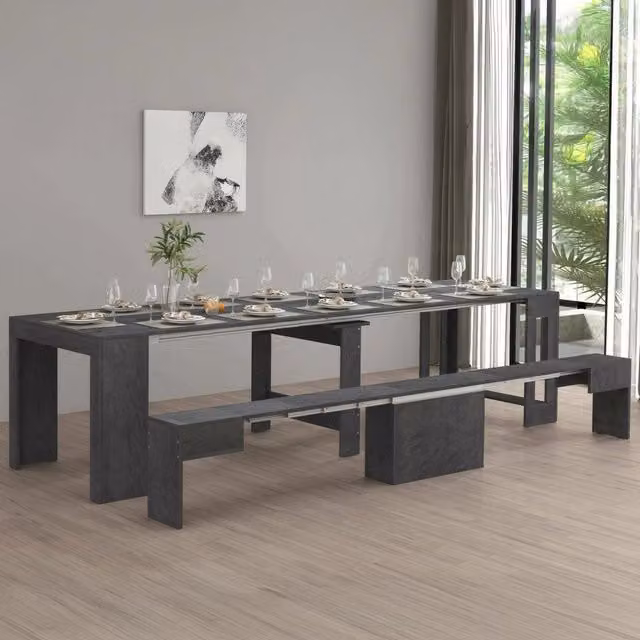 Set tavolo e sedie Badenia con consolle e panca allungabile, composizione moderna in antracite per cucina e soggiorno