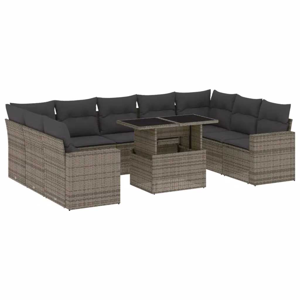 vidaXL Set Divano da Giardino 10 pz a Forma a L in Polyrattan Grigio con Cuscini e Tavolino – 2