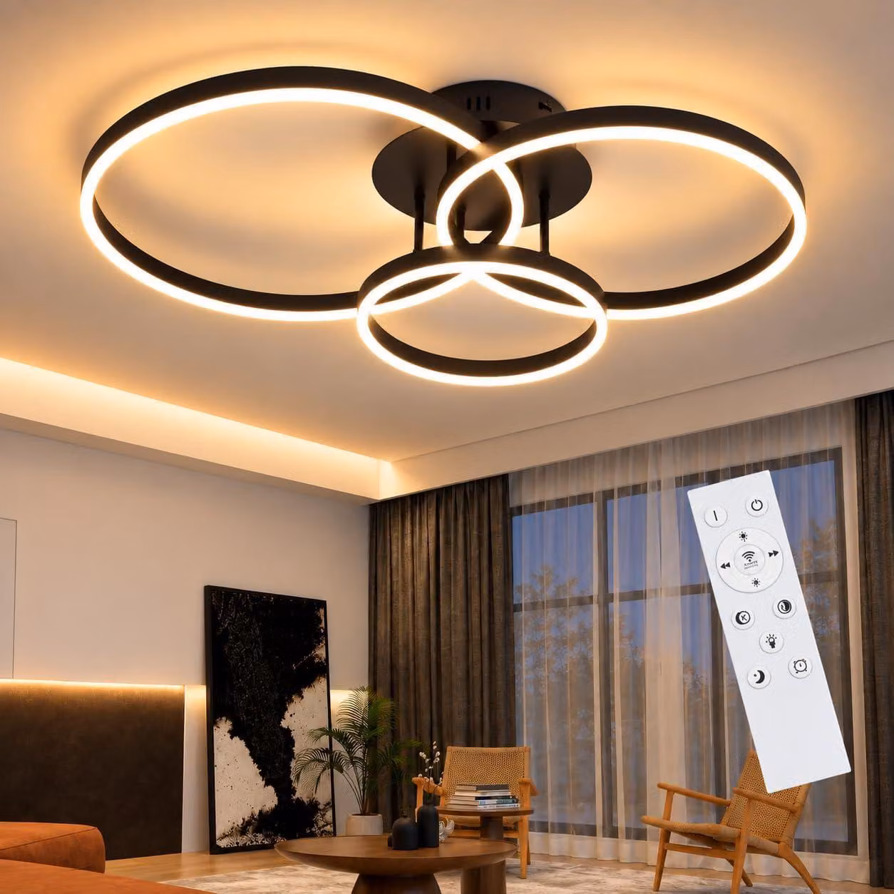 ZMH Lampada a soffitto per soggiorno, lampada a LED da 82 cm, lampada per soggiorno nera, 74W, lampada per camera da letto dimmerabile con telecomando, 3 anelli, adatta per cucina e ufficio