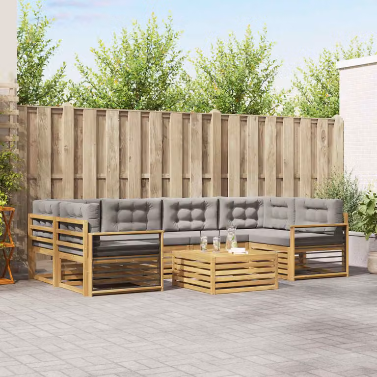 vidaXL Set di divani da esterno 7 pz in legno di acacia con tavolo da caffè e cuscini, Bianco e Grigio Chiaro