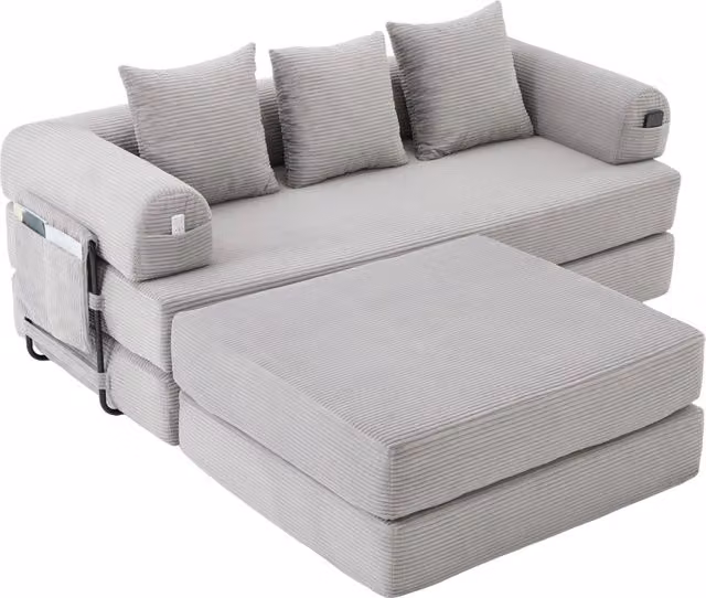 Divano modulare con pouf in velluto a coste; struttura in metallo e tasca laterale; grigio chiaro