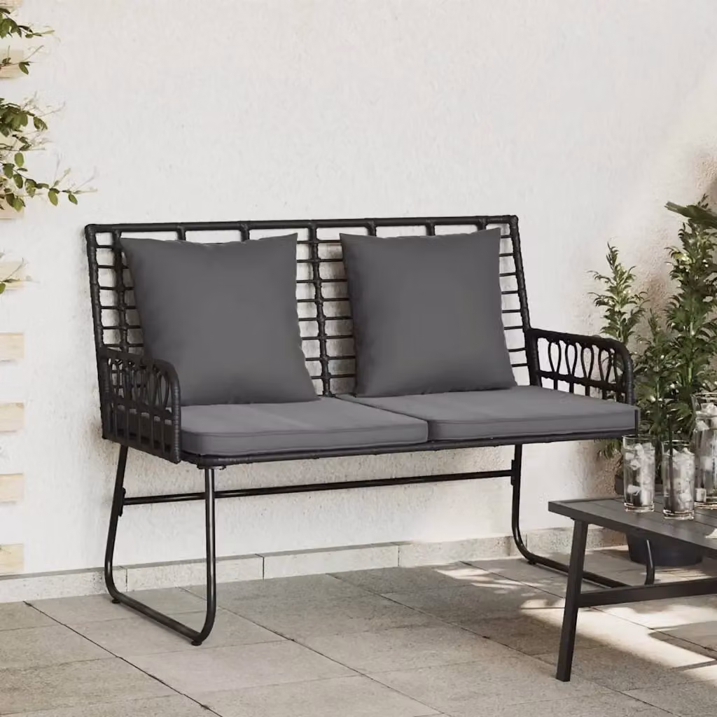 Panchina da giardino moderna in rattan e metallo con braccioli, colori nero e antracite, L: 110 cm, H: 83 cm, P: 69 cm – 2